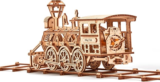 Wood Trick Wooden Toy Train Set with Railway - 34x7″ - Locomotive Train Toy Mechanical Model Kit - 3D Wooden Puzzles for Adults to Build - Engineering DIY Models for Adults to Build