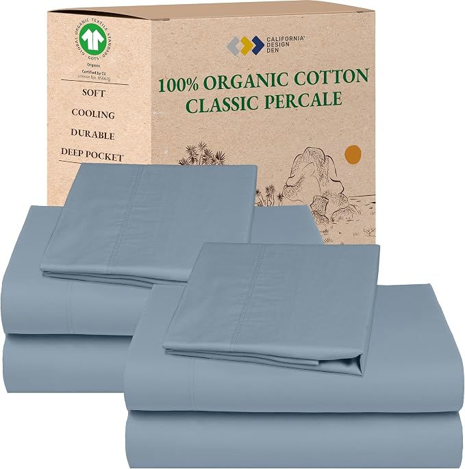 California Design Den Pack of 2 XL Twin Sheets Set - 100% Organic Cotton Bed Sheets Twin XL Size, Crisp Percale Feel, Deep Pockets, Lightweight Bedding Set - Blue Hydrangea