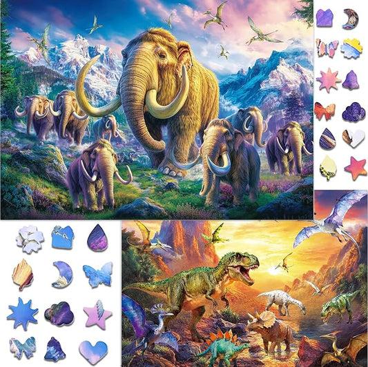 Jigsaw Puzzle 1000 Pieces Adult, 2 Pack, Unique Shape Nature Series Puzzle, Dinosaures and Mammoths Theme, Challenging Puzzles for Game Night, Highly Interactive Family Games for Adults