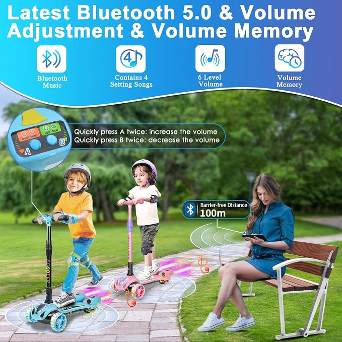 3 Wheel Scooter for Kids, Toddler Scooter with Bluetooth Music Speaker Steam Sprayer LED Lights Aluminum Alloy T-Bar, Folding Kick Scooters for Boys Girls Ages 3-10