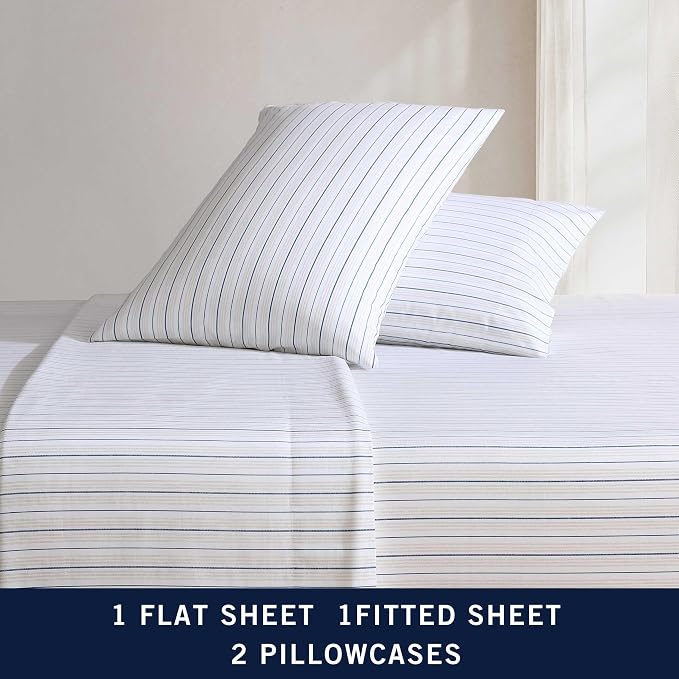 Nautica – Twin XL Size Sheet Set, Crisp Cotton Percale Bedding with Matching Pillowcase, Lightweight & Breathable Bed Sheets, Deep Pocket, College Dorm Room Essentials (Beaux Stripe Beige)