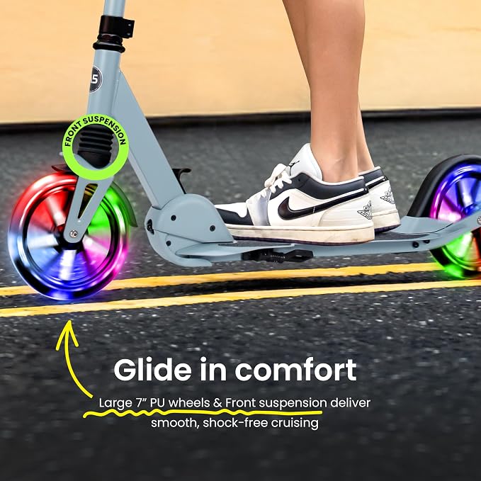 AERO MOBILITY Kick Scooter for Kids 6+, Teens & Adults | Light Up Wheels, Hand Brake, Rubber Deck Mat & Shock Absorption | Foldable & Height Adjustable