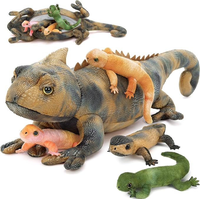 5Pcs Giant Lizard Plush, 27" Mother Iguana Stuffed Animal with 4 Baby Lizard Plushies, Bearded Dragon Plush Toy for Kids Boys Girls, Stuffed Chameleon for Christmas Birthday Gift, Gray