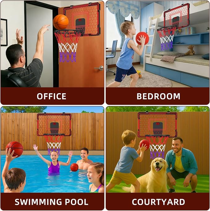 Molutsody Indoor Basketball Hoop for Kids, Over The Door Mini Hoop with LED Light & Scoreboard - Easy Install & Safe for Doors, Birthday for 5 6 7 8 9 10+ Year Old Boys (Red)