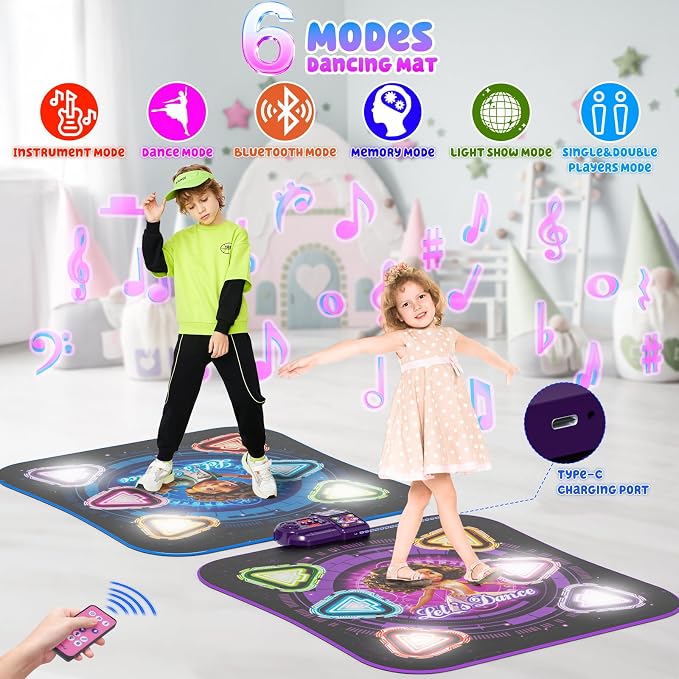 Dance Mat, 2026 Rechargeable Light-Up 2-Player Opposing Dance Pad with Bluetooth, 12-Button Music Dancing Toy, Christmas Birthday Gift for 3-12 Year Old Boys Girls
