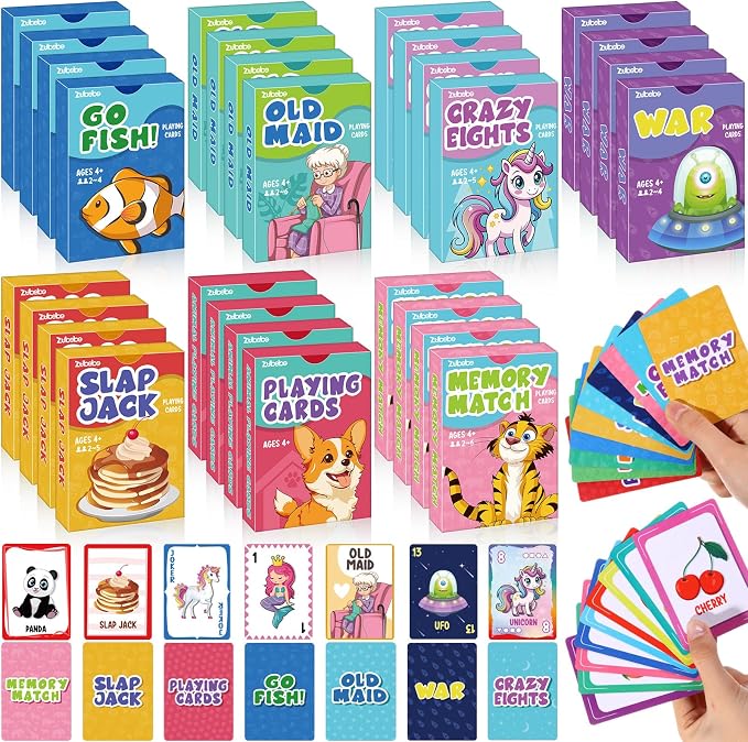 Zubebe 7 Pack Kids Card Games Gifts Bulk Classic Playing Card Game Set for Kids Includes Go Fish, Old Maid, Crazy Eights, Memory Match, Slap Jack, Playing Toy for Party Favors (Classic)
