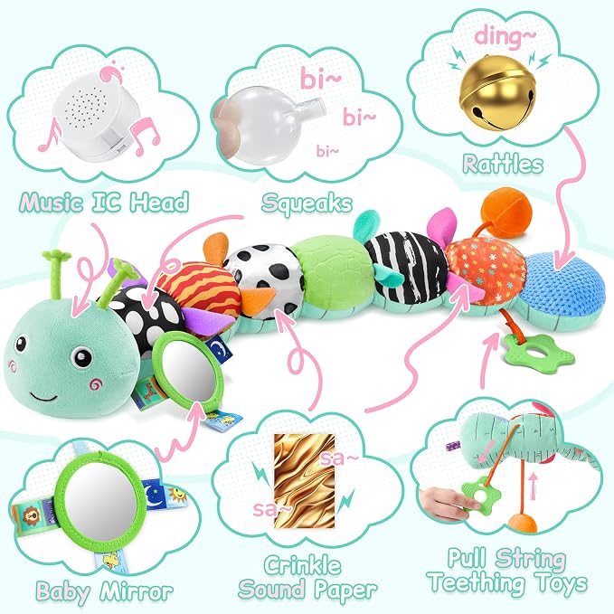 Baby Sensory Musical Caterpillar Plush Toy, Soft Stuffed Animal with Mirror Crinkle Paper Rattle Teether, Tummy Time Play Toy for 0-12 Months Newborn Infant, Baby Shower Gift for Boys Girls, Blue