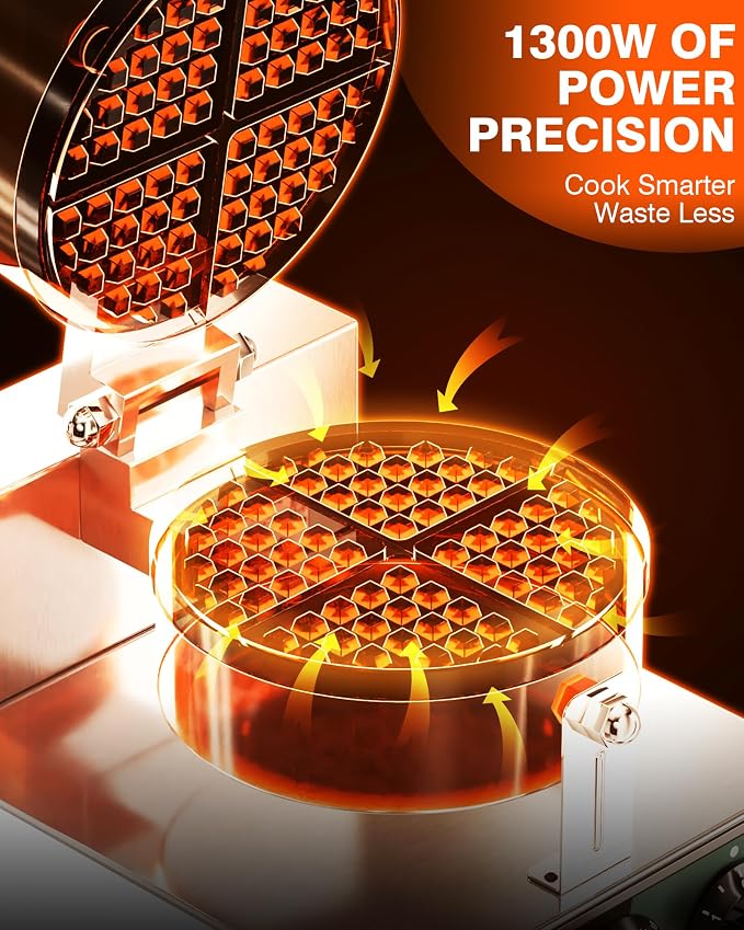 PYY Commercial Waffle Maker - 20Pcs/H Stainless Steel Round Belgian Waffle Machine, 1300W Non-stick Waffle Iron, Time Control and Temperature Adjustable, for Home Kitchen, Breakfast Restaurant