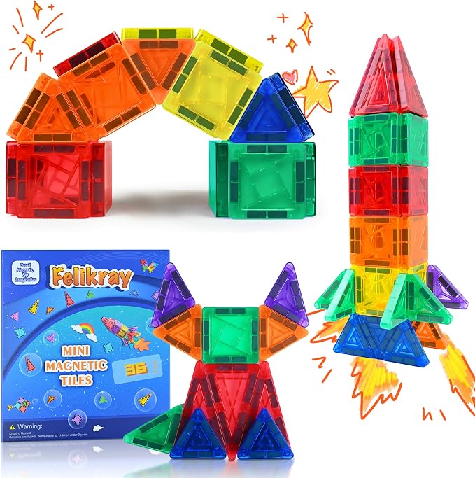 Mini Magnetic Tiles 36pcs, Travel Kids Toys STEM Magnet Toy, Easter Basket Stuffer for Toddler Magnetic Blocks Building Preschool Learning Sensory Montessori Toy for Boys and Girls