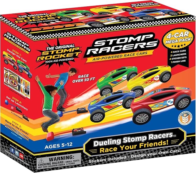 Stomp Racers Air Powered Race Cars by Stomp Rocket, 4 Car Mega Pack - Dueling Stomp Racers Toy Car Launcher - Fun Backyard Outdoor & Indoor Multi-Player Kids Toys Gifts for Boys, Girls & Toddlers