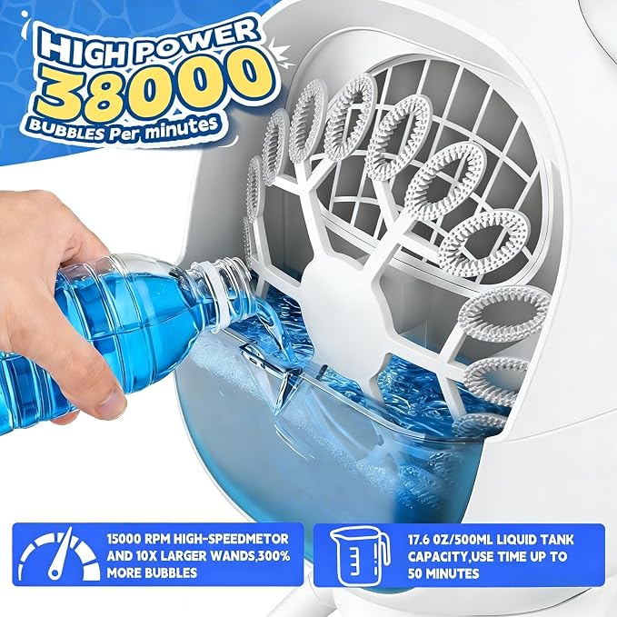 Upgraded Bubble Machine with Remote Control, Automatic Rotation 1800mAh Rechargeable Battery, Type-C Charge, Bubble Maker for Kids, Weddings, Birthday Parties, Outdoor Activities