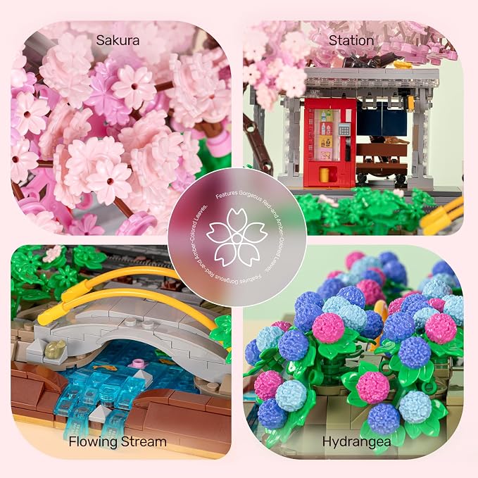 Wise Block Cherry Blossom Train Diorama Building Set – Japanese Artificial Bonsai Tree Block Set for Home Office Botanical Decor, 3150 Pcs