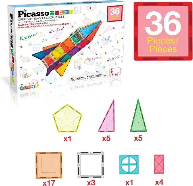 PicassoTiles Magnetic Tiles Rocket Set Construction Toy Magnet Building Block Engineering STEM Learning Child Brain Development Stacking Kit Window Door Playboard for All Ages 3 and Up PT36B