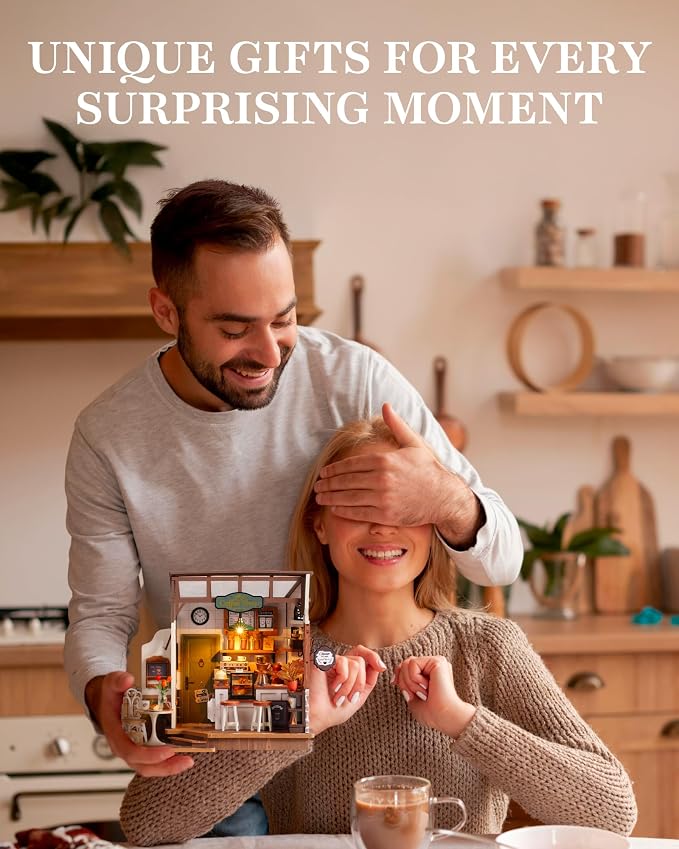 Rolife Miniature Dollhouse Kit, Coffee Shop Miniature Dollhouse Kits for Adults to Build, Wooden Mini House Model with LED Lights DIY Crafts Birthday Gifts and Hobbies Home Decor for Family Friends