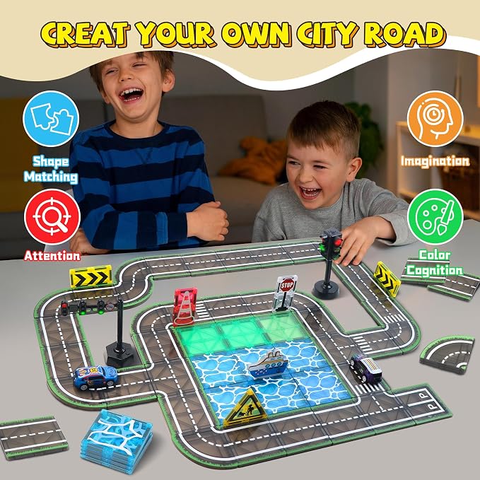 Magnetic Tiles Road Set with Pullback Car & Magnet Ship,Traffic Themed Magnetic Building Tiles Set with Traffic Light,STEM Magnet Tile for Kids Ages 3-5 4-8 5-7,Preschool Educational Kids Toys Gifts