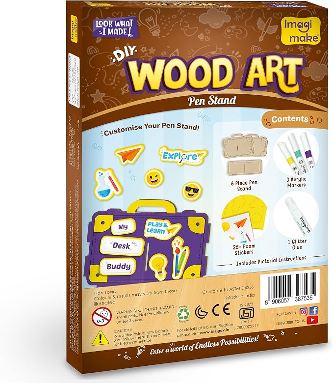Imagimake DIY Wood Art Pen Stand | Make Customized Wooden Pen Stand | Wooden Painting Crafts for Kids Age 5,6,7,8 & Above| 25+ Foam Stickers for Wood Crafts |Fun Gift for 5+ Year Old Girls and Boys