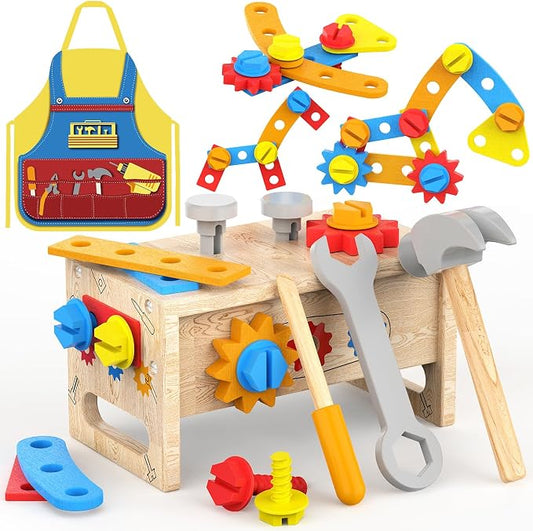 Montessori Toys for 2 Year Old Boy - Wooden Kids Tool Set with Apron | Toddler Bench STEM Educational Construction Toy for Ages 2-4, Pretend Play Birthday Gifts for Girls
