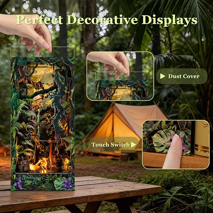 fifijoy Book Nook Kit - DIY Miniature House Dollhouse Kit for Adults and Teens, 3D Wooden Puzzle Bookend Tiny House Bookshelf Decor with LED Light, Gifts for Family and Friends (Jungle Adventure)