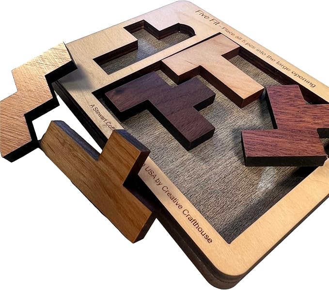 Creative Crafthouse Five Fit Small Stewart Coffin Wood Packing Puzzle, Hard | Slot every piece into one tray for a deceptively tough solve. A desk display and gift for serious solvers, made in USA