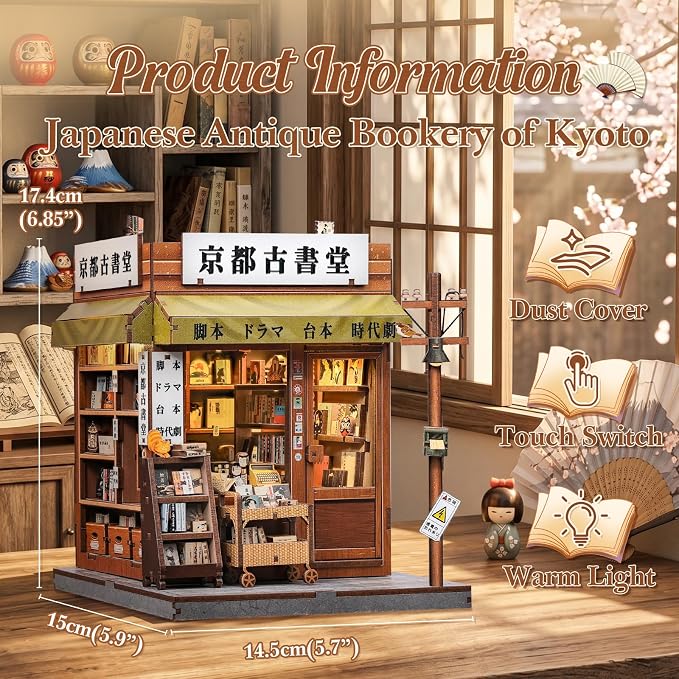 CUTEBEE Book Nook Kit - DIY Miniature House Japanese Kyoto Bookstore, Dollhouse Booknook for Adults, Tiny House Bookshelf Decor 3D Wooden Puzzle Gifts (Antique Bookery of Kyoto)