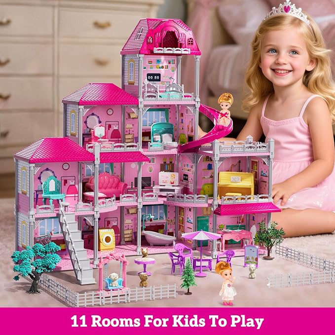 JUKUDAHU Villa Playset for Girls Ages 3-7, Indoor Playset Girls Toys for Ages 6-8 with 4 Storeys 11 Rooms 2 Dolls, Furniture and Accessories, Pretend Toddler Toy, Birthday Gifts for Kids 3 4 5 6 7 8