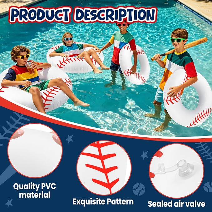 4 Pcs Baseball Stitching Pool Floats - 28 Inch Sports-Themed Kids Swim Rings (Ages 10-15), Inflatable Pool Toys for Hawaiian, Beach, Water Park