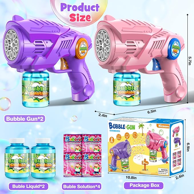 Bubble Gun Toys for Kids 4-8: Automatic Bubble Blaster with 2 Bottles Refill Solution - Bubble Gun for Toddlers 1-3, Summer Outdoor Toys for Easter Birthday Wedding Party Gift (Pink, Purple)
