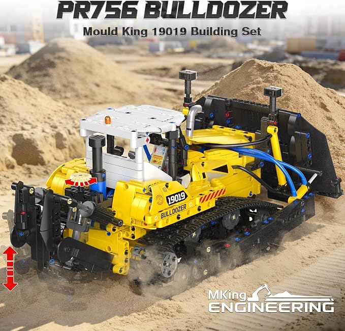 Mould King 19019 Technik Construction Bulldozer Kit with Pneumatic Cylinders, 1200-Piece Engineering Vehicle Model, Creative Building Set for Adult Collectors