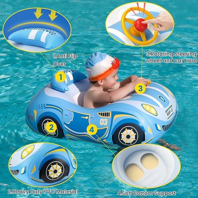 Baby Pool Float Toddler Floaties 3D Car Baby Float for 12-48 Months Inflatable Heavy Duty 0.35mm PVC Seat Boat Pool Toys Float No Flip Swimming Floaties for Boys&Girls1-5 Years