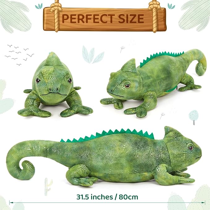 Giant Lizard Stuffed Animal, 31.5" Cute Large Iguana Plush Pillow for Kids Boys Girls, Huge Soft Stuffed Chameleon for Christmas Birthday Gift, Realistic Stuffed Reptile Toy for Animal Lover