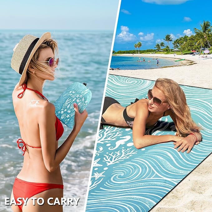 WIWIGO Beach Blanket Waterproof Sandproof Beach Mat 79" X 83"/10'x9'for 2-8 Adults Quick Drying Outdoor Picnic Mat Beach Accessories for Travel, Camping, Hiking