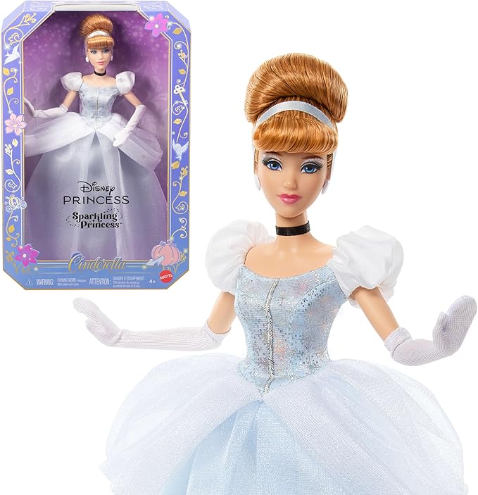 Mattel Disney Princess Cinderella Sparkling Princess Fashion Doll & Accessories with Removable Dress, Shoes, Necklace & Earrings, Inspired by Movie