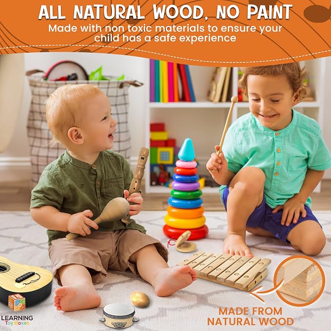 Wooden Musical Instruments for Toddlers – 7-Piece Kids Music Set with Xylophone, Guitar & Percussion | Natural Wood, Non-Toxic | Ages 3+