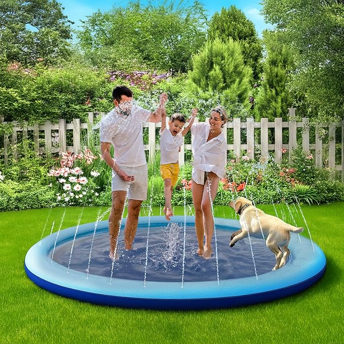 COMMOUDS Splash Pad for Kids and Dogs, Non-Slip Sprinkler Pad Thicken Pool Summer Outdoor Water Toys, Backyard Fountain Play Mat for Baby Toddlers Boys Girls Pet(87Inch)