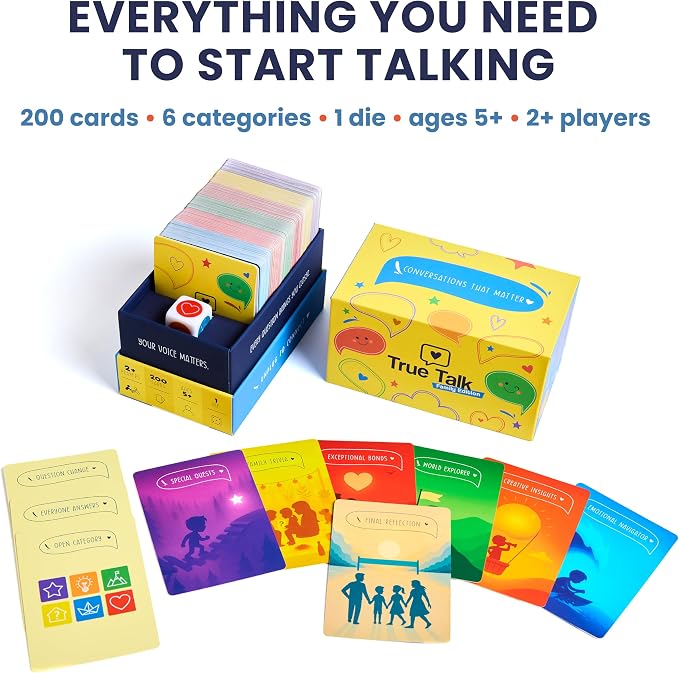 True Talk Family Edition Conversation Starter Card Game, 200 Conversation Cards for Kids and Families, Screen Free Family Game for Dinner, Game Night, Road Trips and Holidays
