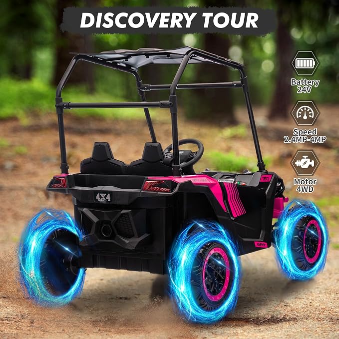 Garvee 24V 2-Seater Kids Ride on Car with Remote Control 4WD Electric Truck with Sun Shade Ride on Toy Off-Road UTV with 4-Wheel Shock Absorber, LED Lights, Music