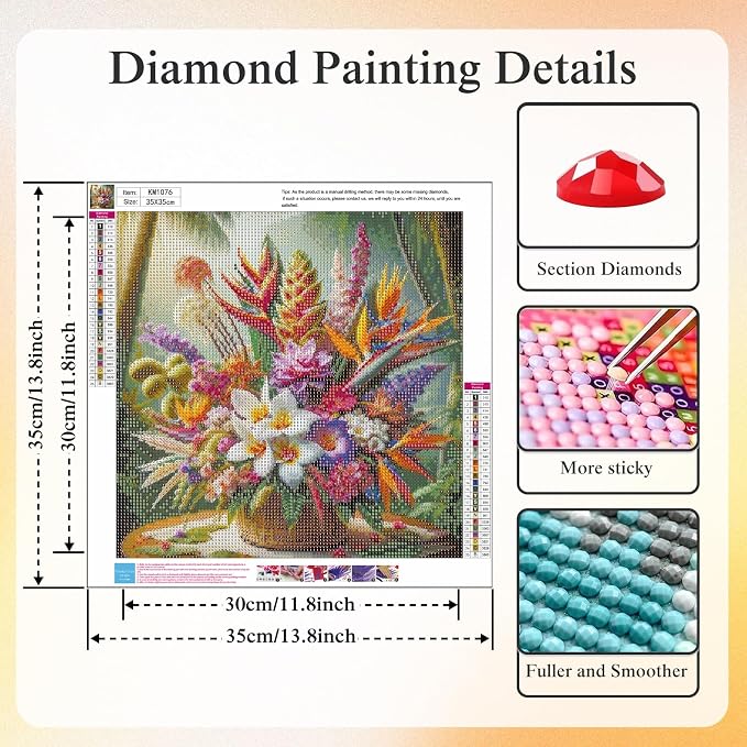Tropical Flower Bouquet Diamond Painting Kit for Adults, Plumeria Jungle Floral, 5D Full Round Drill Diamond Art Beginners Canvas for Home Wall Decor, DIY Paint by Diamonds Dot Gem Craft13.8x13.8 Inch