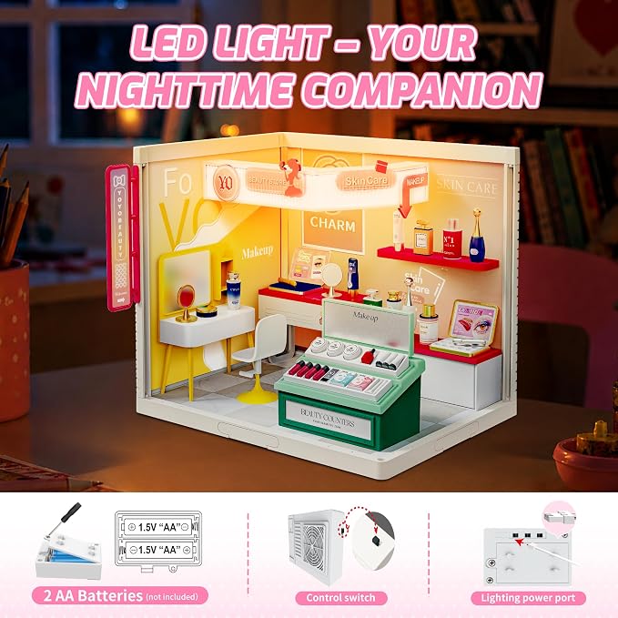 MINDNOOK DIY Miniature House Kit, LED Light-Up Dollhouse, Mini Dollhouse Building Set with Furniture, Craft Hobby Gift for Adults, Teens & Kids Ages 6+ (Cosmetics Store)