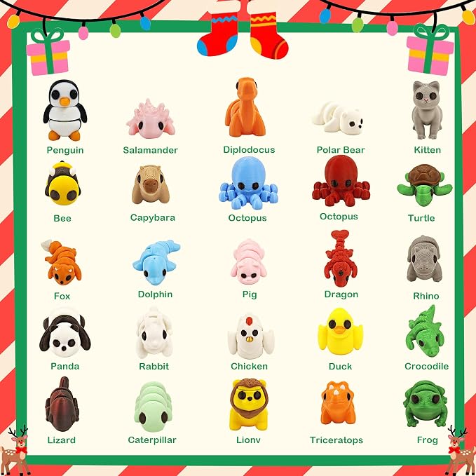 25 pcs Animal Figurines, 3D Printed Animal Figurines Set, Articulated, Party Favors, Pocket Fidget Toys Bulk, Goodie Bag Stuffers, Gifts for Boys Girls Toddlers, Classroom Rewards