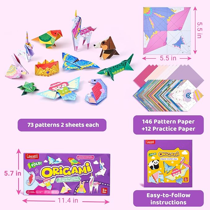 Gamenote Colorful Origami Kit for Kids 72 Projects 180 Double Sided Origami Paper 12 Sheets Practice Papers Instructional Origami Book Origami Gift for 4+ Girls Adult Beginners Training Craft, Unicorn