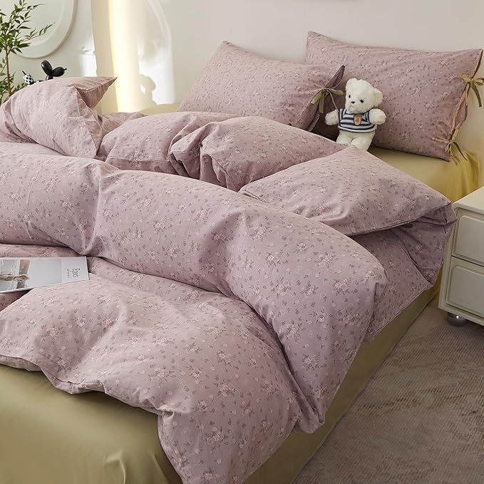 Purple Floral Comforter Set Full Size, 3 Pieces Cottagecore Aesthetic Cute Flowers Comforter Set for All Seasons, Coquette Floral Mauve Bedding Vintage Botanical Comforter with 2 Bow Ties Pillowcases