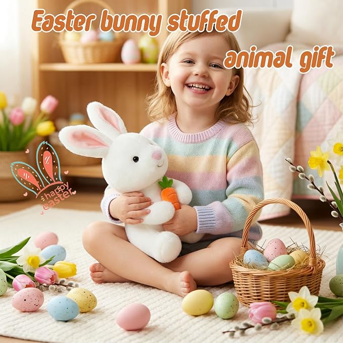 Bunny Plushie Holding Carrot Stuffed Animal Soft Toy Foodie Vegetable Theme Easter Basket Stuffers Gifts for Baby Boy Kids Children Nursery Room Decor Holiday Spring Surprise 10.6 Inch 5.1 oz