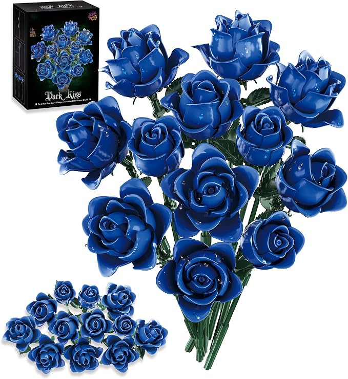Blue Roses Flower Bouquet Building Set, Compatible with Lego Flowers, Artificial Flowers Botanical Collection Gift for Halloween Gothic Retro Home Decor