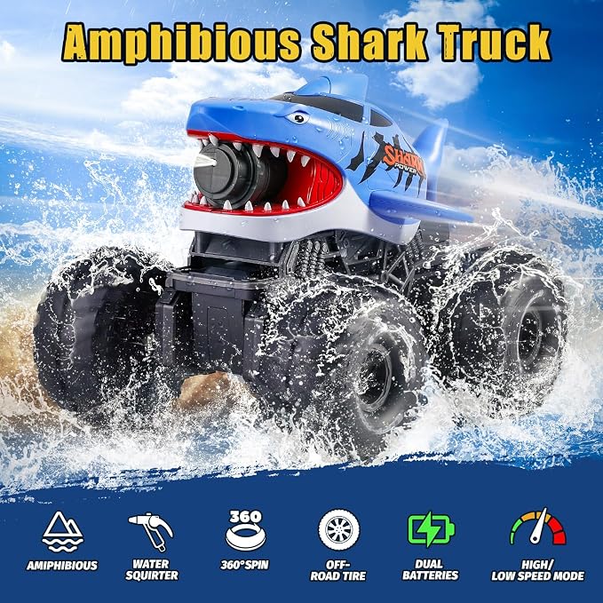 BOBXIN Amphibious Remote Control Shark Monster Truck Squirt Water,4WD All-Terrain Off-Road 2.4Ghz Waterproof RC Car Pool Water Toys for Kids Age 6+ Blue