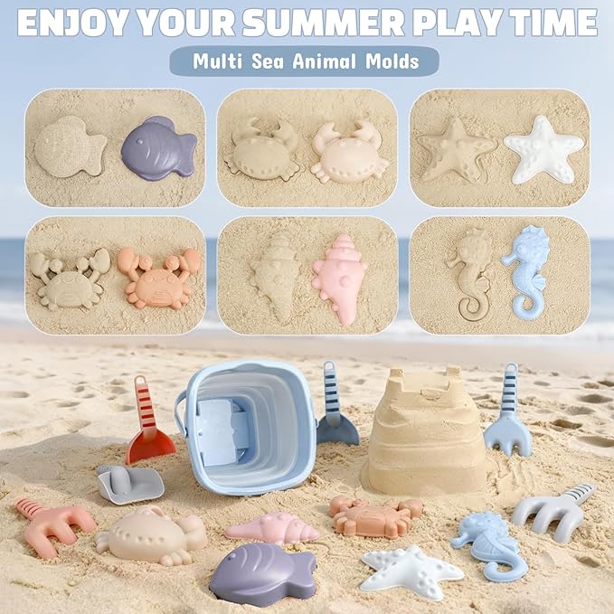 Dreamon 3 Pack Beach Toys Set for Kids 3-10, Collapsible Sand Buckets with Beach Molds and Mesh Bag, Sandbox Travel Toys Beach Vacation Essentials, Camping Gear, Fishing (Blue/Grey/Orange)