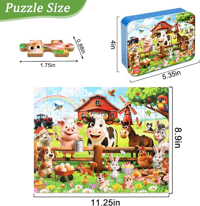 MZZOTOY Farm Animals Puzzle for Kids Ages 4-8, 100 Pieces Jigsaw Puzzles for Kids Ages 3-5， Learning Educational Puzzles Toys Great Gift for Boys Girls in a Metal Box