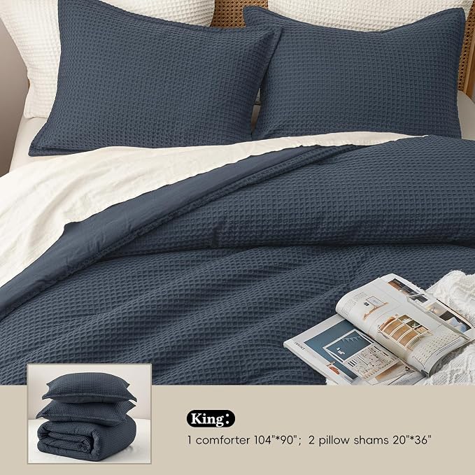 David's Home Waffle Weave Comforter Set 3PCS King Size, Soft Breathable Lightweight Cozy Skin-Friendly Warm for All Season, Elegant Aesthetic Home Decor Bedding Set with Pillow Shams, Indigo