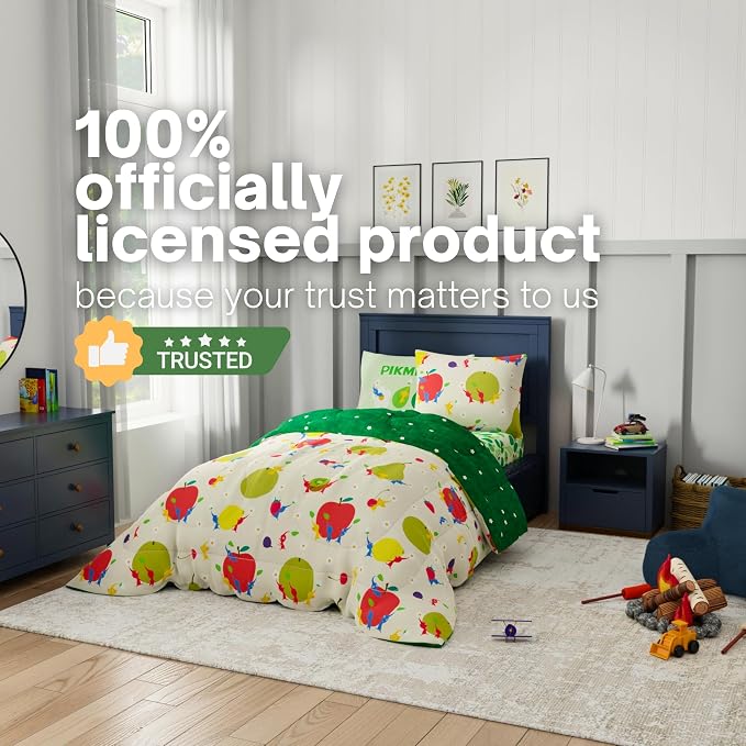 Nintendo Pikmin Game Kids Bedding Set, Twin Size 5 Piece Comforter and Sheet Set with Sham, (Officially Licensed Product) by Franco