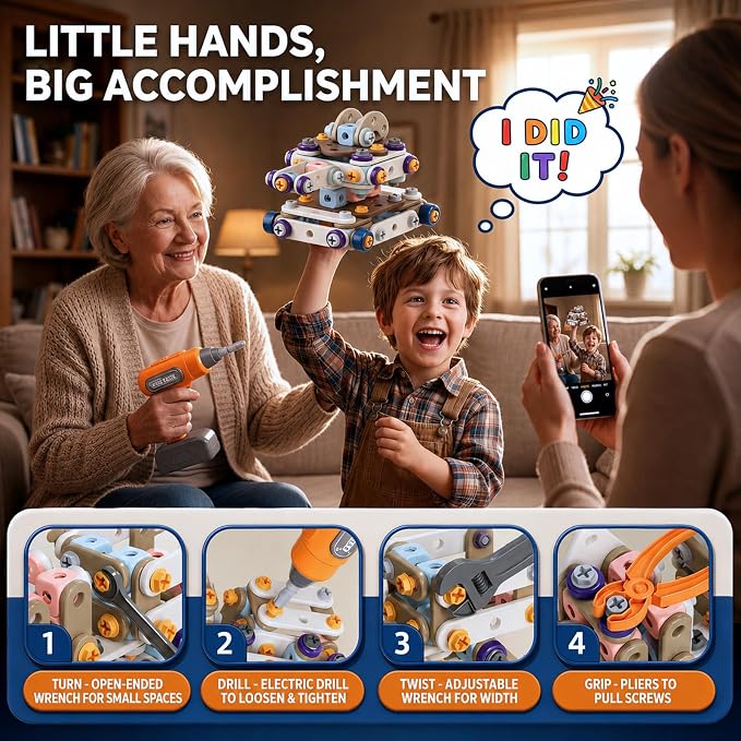 211 Pcs Kids Tool Set for Kids Ages 3-8, STEM Building Toys with Electric Drill & Storage Box, Building & Construction Educational Montessori Birthday Gift for 3 4 5 6 7 8+ Year Old