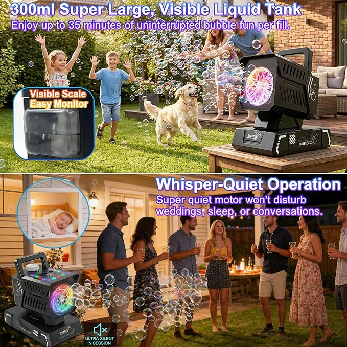 Bubble Machine for Kids, Rechargeable Bubble Maker with Remote & RGB Lights, Automatic Rotating Battery Bubble Blower for Birthday Parties, Weddings, Outdoor Activities, Pets